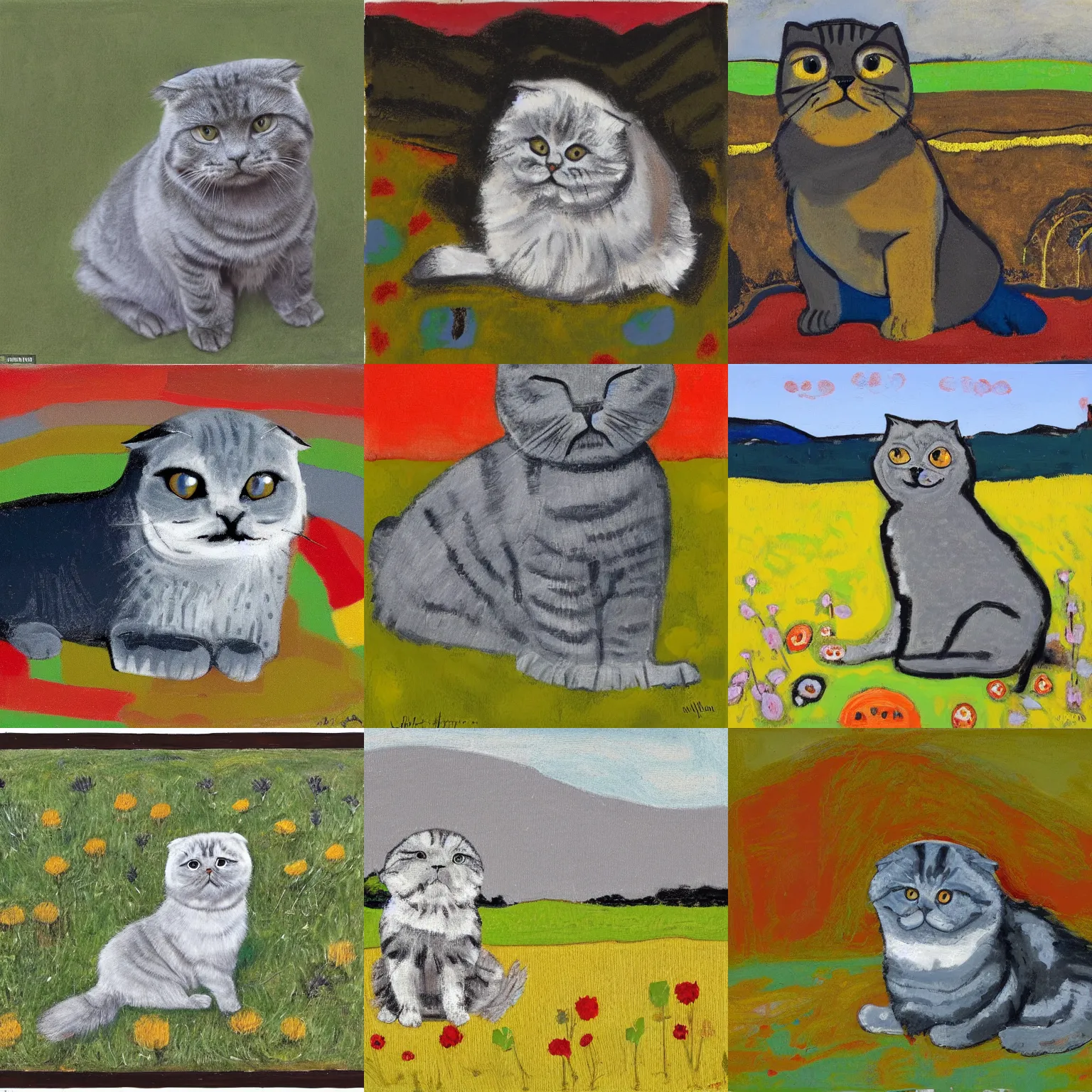 Prompt: a gray scottish fold sitting in the middle of sunny meadow, by john hoyland