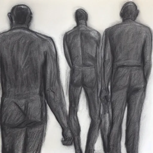 Prompt: People walking in the style of Tom of Finland, charcoal