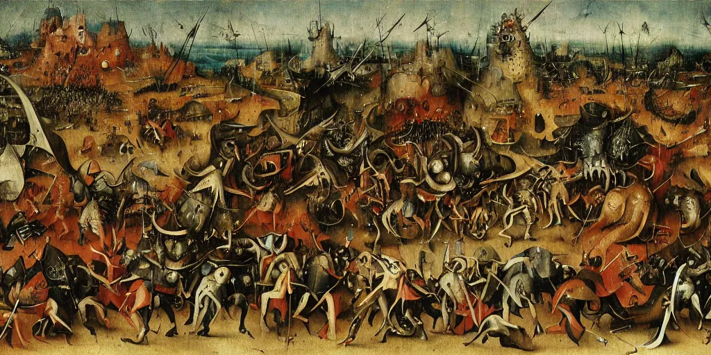 Prompt: a fantasy monster fighting an army of knights as drawn by hieronymus bosch, oil painting, highly detailed