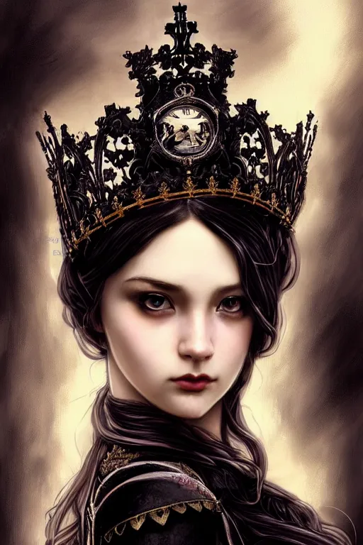 Prompt: beautiful and luxury and victorian and gothic and dieselpunk young medieval dark crown princess portrait like blackpink lisa+smoky eyes+front face with light flowing hair, ultradetail face, art and illustration by tian zi and craig mullins and WLOP and alphonse mucha, fantasy, intricate complexity, human structure, human anatomy, fantasy character concept, watermark, blurry, hyperrealism 8k