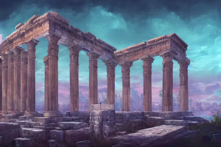 Prompt: ancient roman structures, retrowave epic art, trending on art station