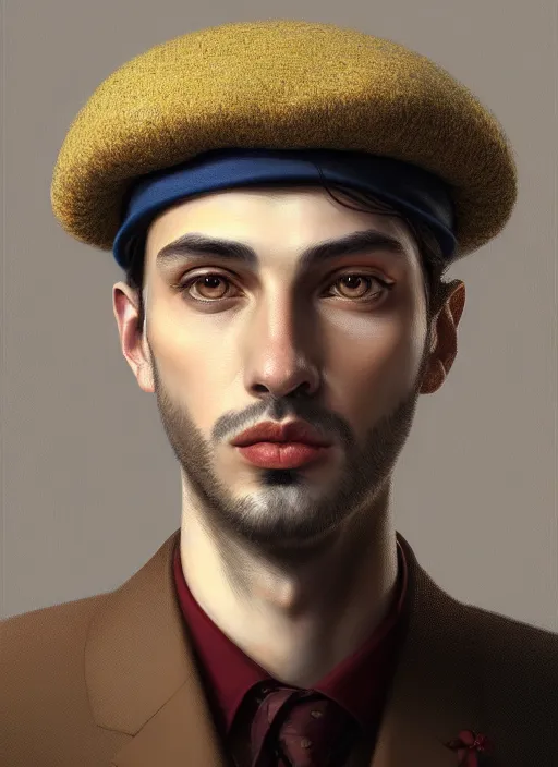 Prompt: portrait of a male italian artist wearing a beret, intricate, elegant, highly detailed, digital painting, artstation, concept art, smooth, sharp focus, illustration, art by wlop, mars ravelo and greg rutkowski