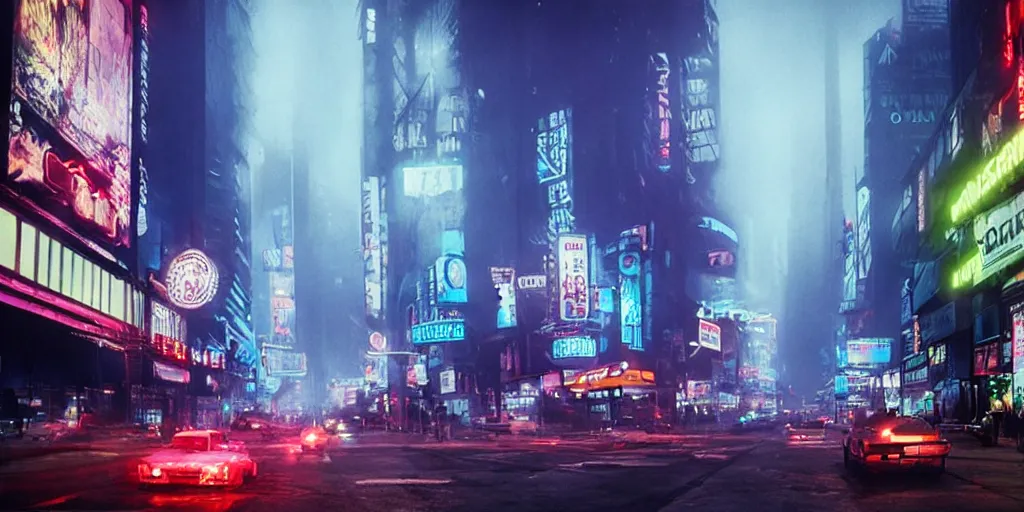 Image similar to city streets, neon signs, giant screens, eerie fog, blade runner, ex machina