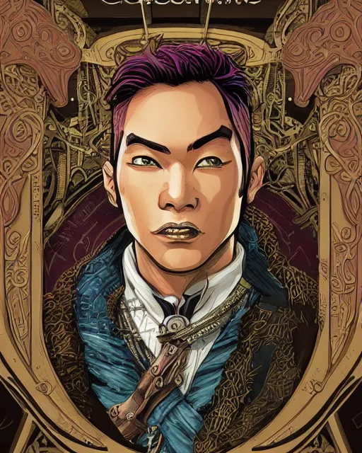 Prompt: a detailed portrait illustration of a steampunk noble - mage. handsome asian male face. art nouveau, pop art, comic book style. influenced by neil gaiman, h. p. lovecraft, dan mumford, eddie mendoza, vadim voitekhovitch, killian eng, ross tran.