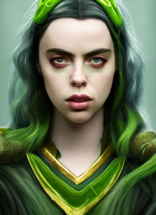 Prompt: billie eilish as female loki by Nixeu, Ian Sprigger, WLOP, Sakimichan, trending on artstation, hyper realistic, smooth octane render, majestic