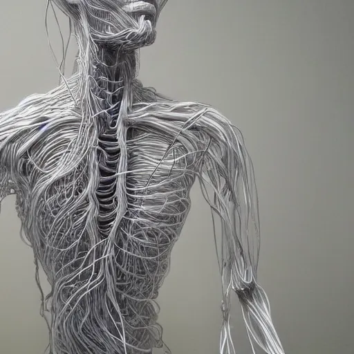 Image similar to realistic anatomically correct detailed wire sculpture of the human nervous system