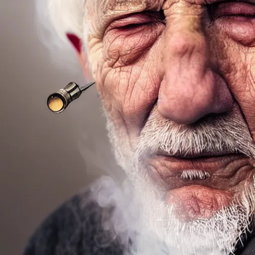 Prompt: wise old man, half face young, long white hair made of smoke coming out from a smoking pipe, meditation, photorealistic, intricate, elegant, hamingway.