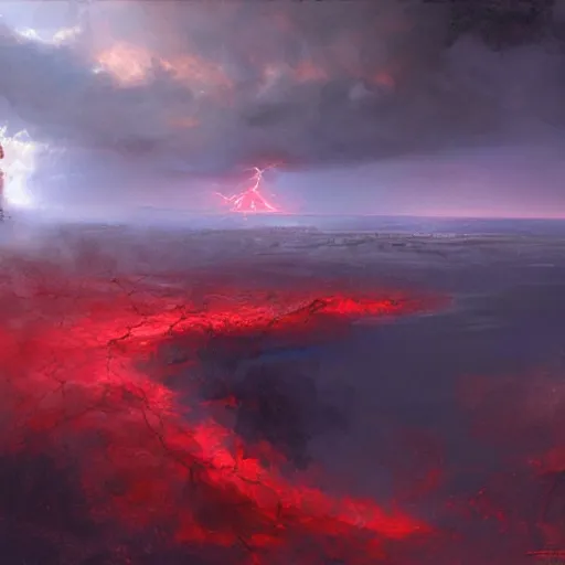 Image similar to a evil red storm brewing, eerie, death, lightning, end of world, eldritch, craig mullins