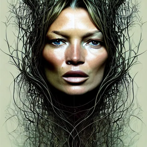 Image similar to a portrait of Kate Moss covered in overgrown vines, face, intricate, digital painting, artstation, intricate, concept art, smooth, sharp focus, illustration, art by Zdzislaw Beksinski