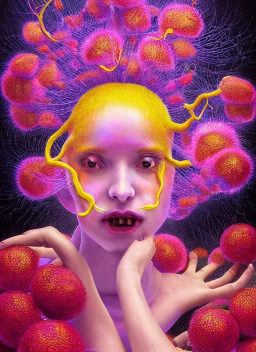 Image similar to hyper detailed 3d render like a chiariscuro Oil painting - Aurora (Singer) looking adorable and seen in dynamic pose joyfully Eating of the Strangling network of yellowcake aerochrome and milky Fruit and Her delicate Hands hold of gossamer polyp blossoms bring iridescent fungal flowers whose spores black the foolish stars to her smirking mouth by Jacek Yerka, Mariusz Lewandowski, Houdini algorithmic generative render, Abstract brush strokes, Masterpiece, Edward Hopper and James Gilleard, Zdzislaw Beksinski, Mark Ryden, Wolfgang Lettl, hints of Yayoi Kasuma, octane render, 8k