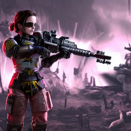 Prompt: emma watson in action as a space marine. cast shadows. solar punk aesthetic. hayao miyazaki colors. photorealistic render in unreal engine.