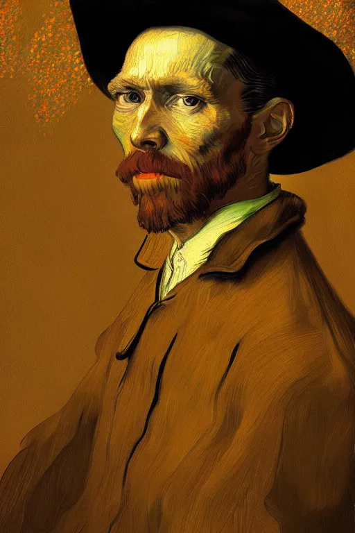 Image similar to portrait of van goh wearing high fashion, staring directly into camera, intricate, elegant, glowing lights, highly detailed, digital painting, artstation, sharp focus, illustration, art by wlop, mars ravelo and greg rutkowski