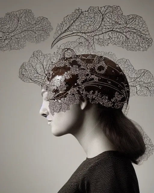 Image similar to a woman's face in profile, wearing a vintage motorcycle helmet made of sweeping intricate delicate leaf skeleton, in the style of the dutch masters and gregory crewdson, dark and moody