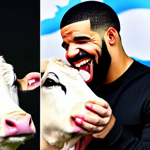 Image similar to drake, laughing and having fun, with a cow