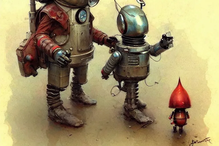 Image similar to adventurer ( ( ( ( ( five 1 9 5 0 s retro future robot android knomes. muted colors. ) ) ) ) ) by jean baptiste monge!!!!!!!!!!!!!!!!!!!!!!!!! chrome red