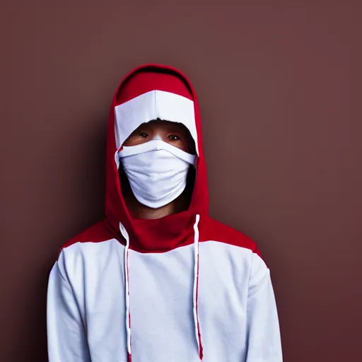 Image similar to portrait of a person wearing featureless white mask, wearing red and white stripes hoddie