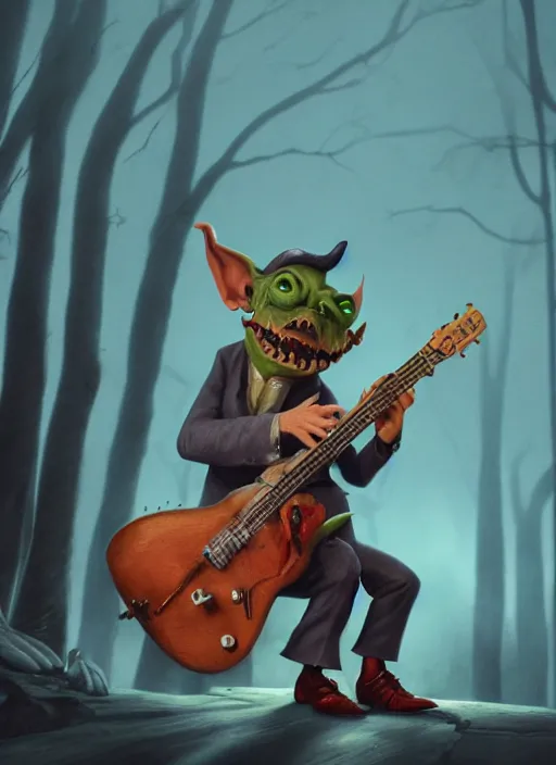 Prompt: a cute sharply dressed goblin playing the blues on an old guitar, in the style of boris valejo and man ray and terry gilliam, fantastic, dramatic lighting, smoke, mist, forest, hyperrealistic, detailed, octane render