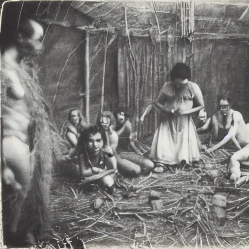 Prompt: a group of people in a witchcraft ritual on an abandoned mad house in the Colombian jungle, mist, 1910 polaroid photography, grainy film, resident evil, Black and white