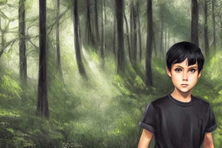 Image similar to a young boy with black hair and green eyes and a highway were standing in a forest by artgerm.