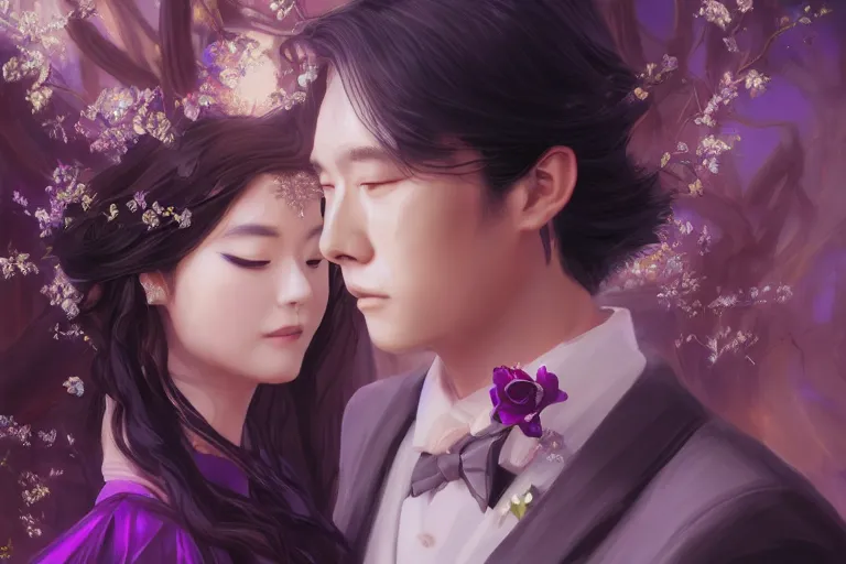 Image similar to a cinematic portrait of wedding photograph jpeg close up moment of a divine a japan sun god and moon goddess lovers magician at a wedding banquet. portraiture. digital painting. artstation. concept art. fantasy wedding photo. digital painting, 8 k realistic, hyper detailed, violet evergarden art masterpiece by art by krenz cushart