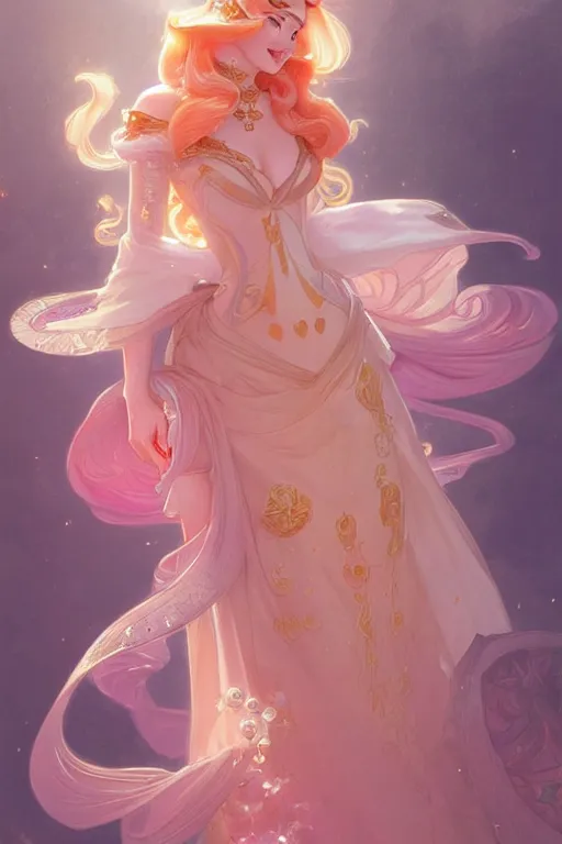 Image similar to Princess Peach, fantasy, intricate, elegant, highly detailed, digital painting, artstation, concept art, matte, sharp focus, illustration, art by Artgerm and Greg Rutkowski and Alphonse Mucha