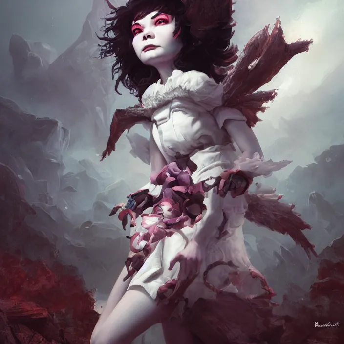 Image similar to demonic bjork, ominous, smiling, phantasmagoric, by tom bagshaw and ilya kuvshinov, rtx rendering, octane render 1 2 8 k, maya, extreme high intricate details by wlop, digital anime art by ross tran, medium shot, composition by sana takeda, dramatic lighting by greg rutkowski