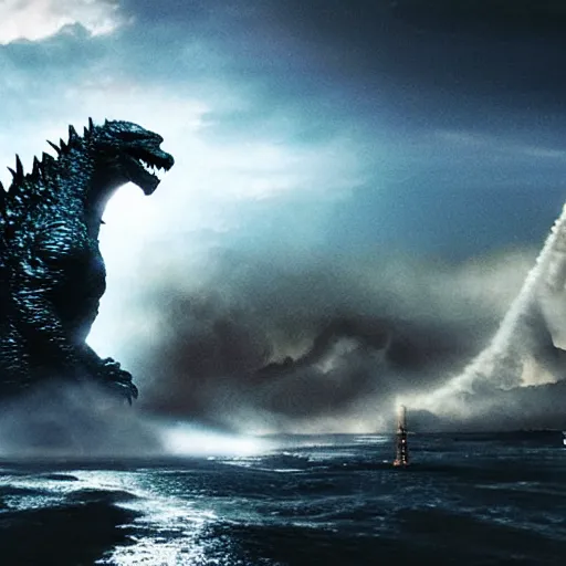 Image similar to godzilla attacking fukushima daiichi unit 4, dramatic lighting