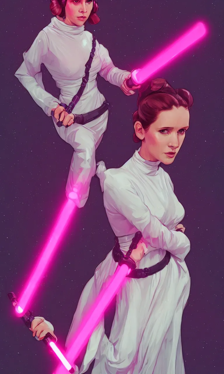 Image similar to Princess Leia wielding a fuchsia light saber, ambient lighting, 4k, alphonse mucha, lois van baarle, ilya kuvshinov, rossdraws, artstation