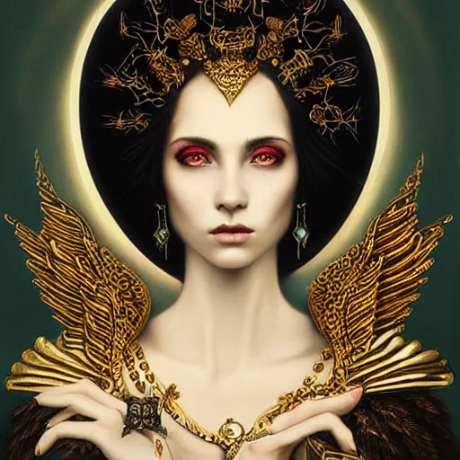Prompt: portrait of a beautiful winged goddess wearing an ornate black robe and gold jewels by tom bagshaw