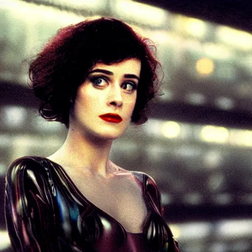 Image similar to close up portrait of a young sean young as rachael tyrell in blade runner at tyrell headquarters photographed by annie leibovitz, artdeco, cyberpunk, colorful!, nighttime!, raining!