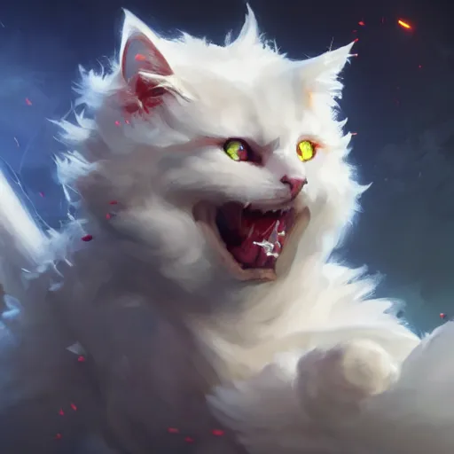 Image similar to arcane style white fluffy cat, bomb boom, bomb boom, bomb boombomb boom, bomb explosion, boom, bright art masterpiece artstation. 8 k, sharp high quality artwork in style of jose daniel cabrera pena and greg rutkowski, concept art by tooth wu, blizzard warcraft artwork, hearthstone card game artwork, exploding, grenade explosion