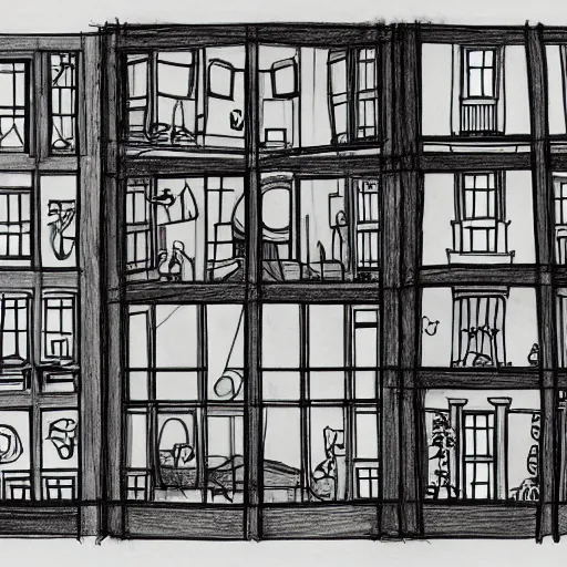 Image similar to a drawing of a house with a lot of windows, a child's drawing by mattias adolfsson, behance contest winner, hypermodernism, photoillustration, 1 9 9 0 s, concept art