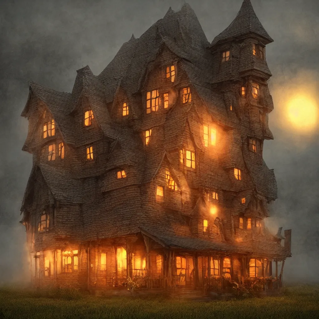 Image similar to fabricate an old witch house in style of wizard of oz, lots of smoke, gloomy, soft yellow red, atmosphere, rooftop smoking,, cinematic, unreal engine, golden ratio, cosmic horror, realistic, photorealistic. realistic, 8 k octanerender