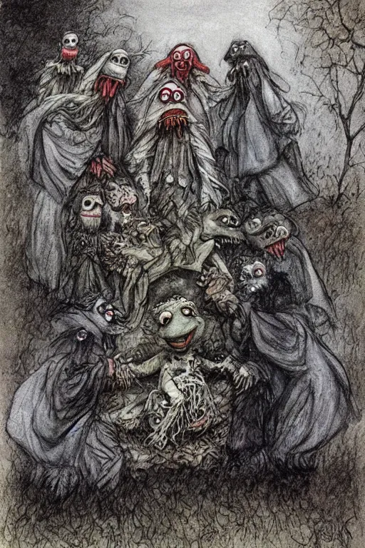 Prompt: sad muppet funeral, graveside, rain, outside, 1 9 8 0 s, creepy, scary, crying, grotty, ugly, terrified, brian froud