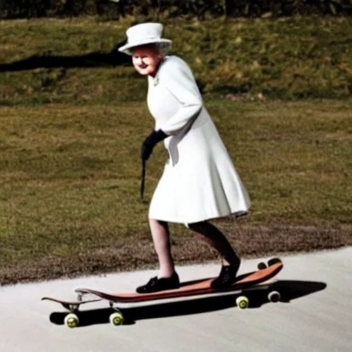 Prompt: queen elizabeth riding a skateboard