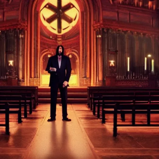 Prompt: cinematic still of John Wick singing on stage holding a Bible in John Wick (2009). loud singing. church choir behind. heavenly lighting. shallow depth of field, cinematic