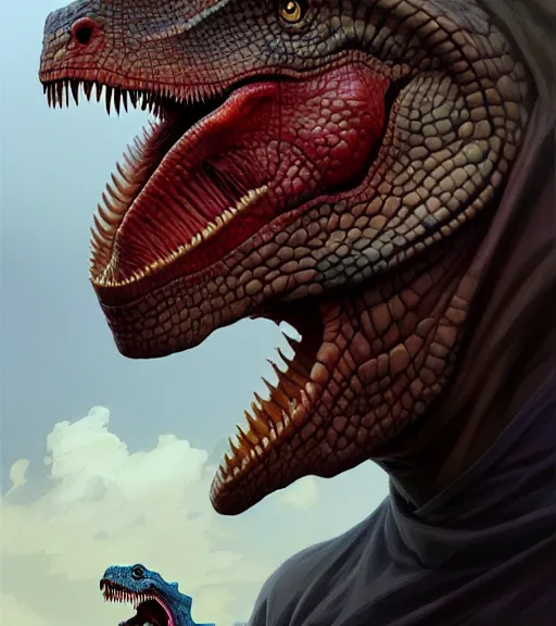 Image similar to portrait of a half man, half dinosaur man, half face revealing his dinosaur skin, highly detailed, digital painting, artstation, concept art, smooth, sharp focus, illustration, art by wlop, mucha, artgerm, and greg rutkowski