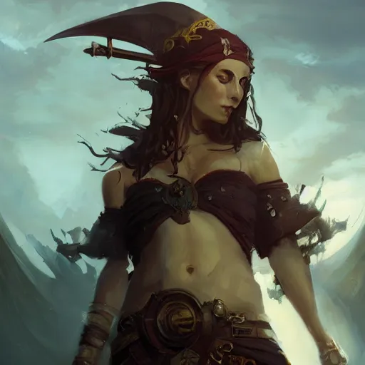 Prompt: a beautiful painting of an epic fantasy style female pirate elf, ship backdrop, oil painting, Tooth Wu, Greg Rutkowski, RPG portrait, dynamic lighting, fantasy art, High contrast, depth of field