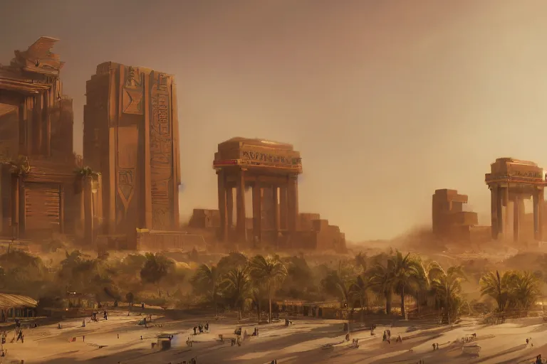 Image similar to futuristic oriental egyptian city, matte painting, long shot, concept art, wide shot, digital art, trending on artstation, 4 k, extremely detailed, realistic, midday, warm colors, golden sunlight, by greg rutkowski, cinematic, epic