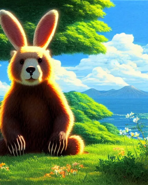 Image similar to a bear with rabbit ears, sitting in tokyo, city, sunny day, highly detailed, masterpiece, award winning, realistic, art by thomas cole and studio ghibli