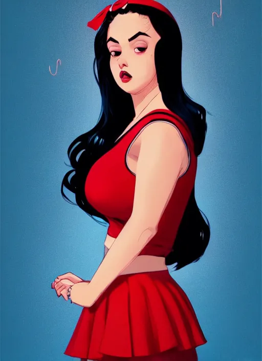 Image similar to full body portrait of teenage veronica lodge, obese, bangs, sultry, realistic, sultry smirk, wavy hair, red skirt, fat, belly, intricate, elegant, glowing lights, highly detailed, digital painting, artstation, concept art, smooth, sharp focus, illustration, art by wlop, mars ravelo and greg rutkowski