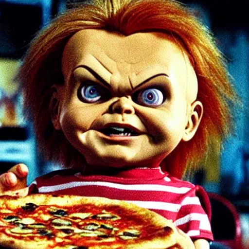 Prompt: Chucky the killer doll from the movie Child's Play eating Pizza at Pizza Hut