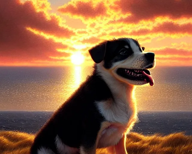 Image similar to a cute smiling puppy with its eyes shut on a very windy day, at the sea, wind blowing through the dogs fur, strong wind, closed eyes, highly detailed, hyperrealistic, intricate, sunset in the background, rays of golden red sunlight, oil painting by greg rutkowski and artgerm and wlop