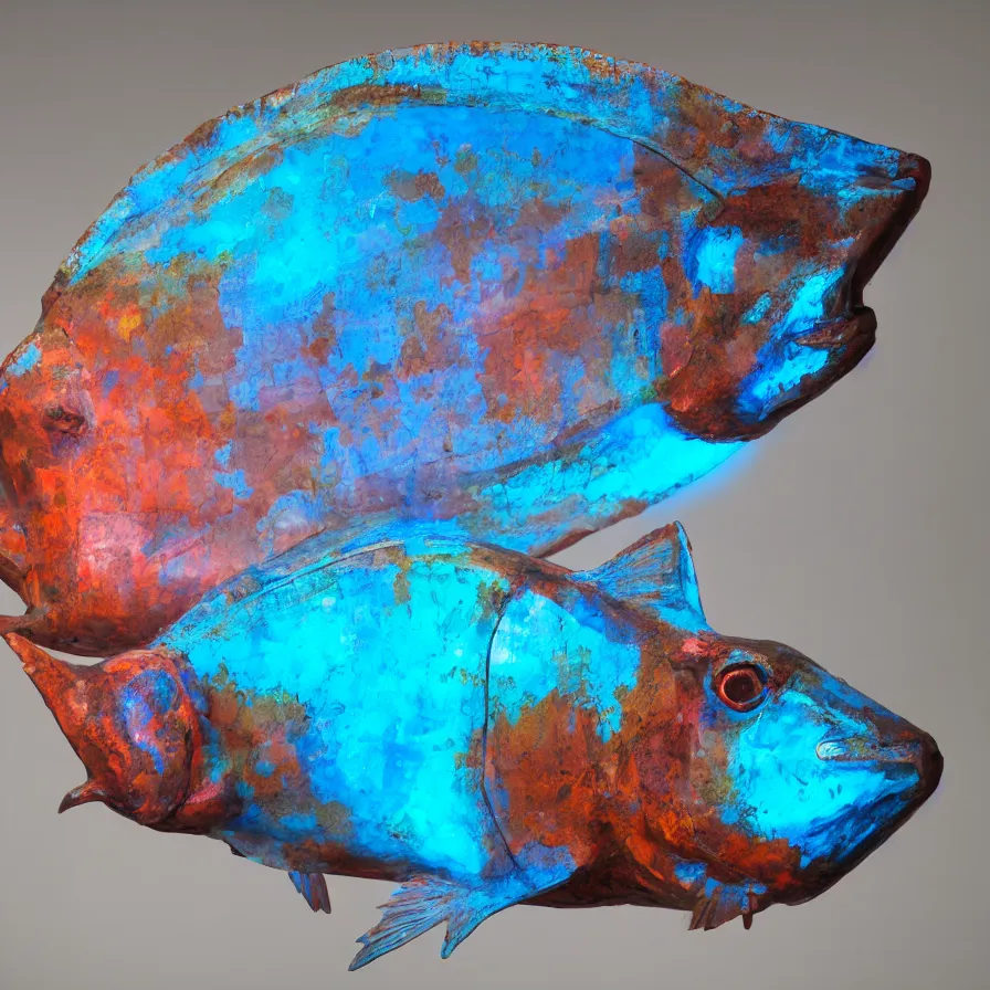 Prompt: hyperrealistic sculpture of a bronze ancient fossilized horned cave fish with opalescent blue and iridescent red spraypaint in a plywood grid cage on a pedestal by ron mueck and duane hanson and lee bontecou, hyperrealistic dramatic colored lighting trending on artstation 8 k