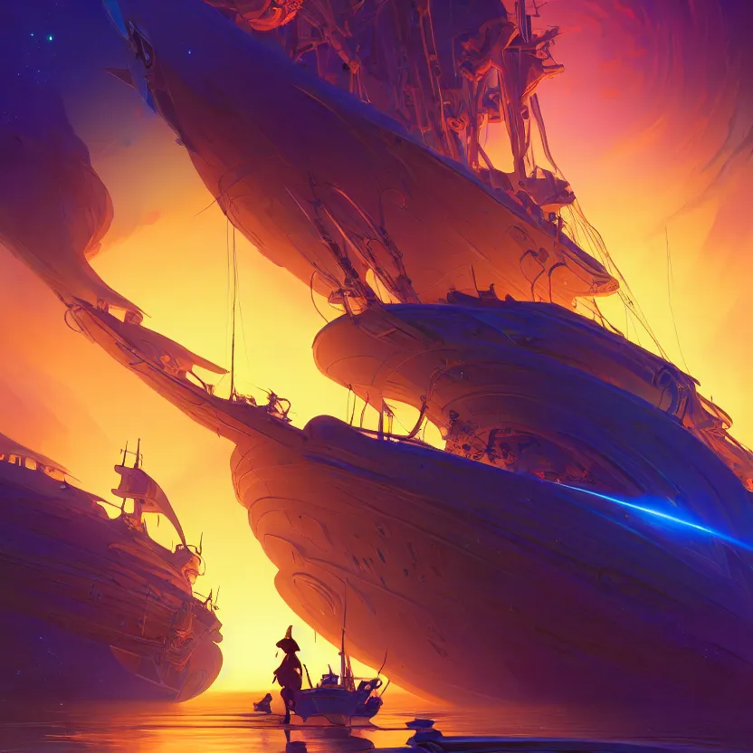 Image similar to treasure planet, beautiful lighting, vivid colors, intricate, elegant, smooth, sharp focus, highly detailed digital painting, concept art, cinematic, unreal engine, 4 k wallpaper, art by syd mead, terada katsuya, atey ghailan, svetlin velinov, tarmo juhola, cgsociety, artstation trending, deviantart featured