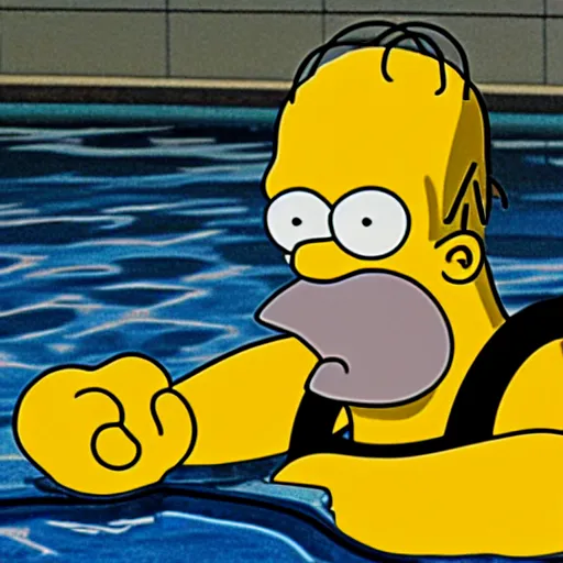 Image similar to Homer Simpson in a swimming pool dark and creepy 4K quality super realistic