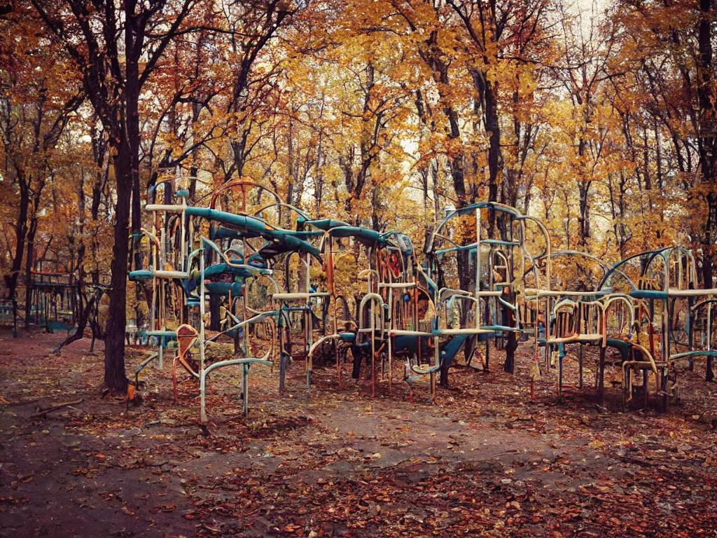 Image similar to a lomographic photo of abandoned playground of moscow, autumn, cinestill, bokeh