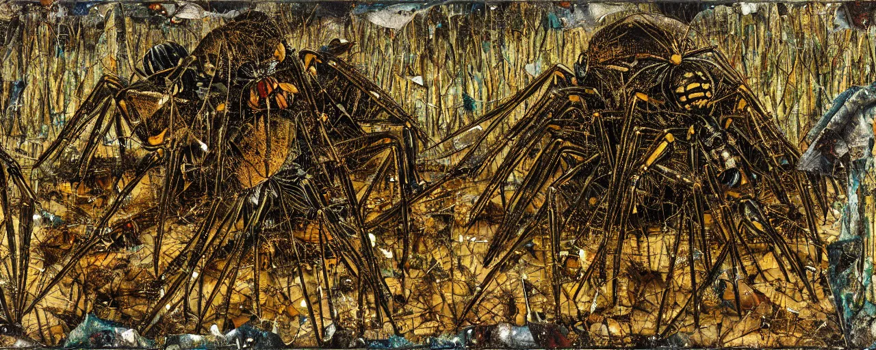 Image similar to strange giant insects, beetles, spiders and flies, swarming in a cornfield, oil painting by max ernst and anselm kiefer, decay, mixed media, textured, sharp focus, highly detailed, photographic emulsion cracked and peeling, rust, cinematic lighting, 8 k, hd