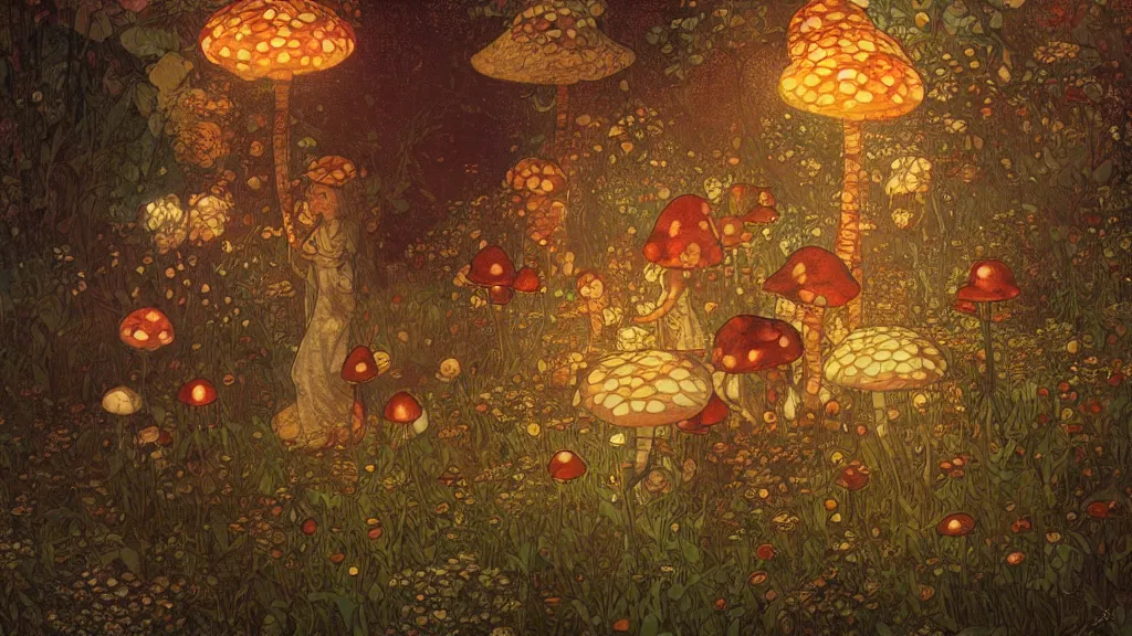 Image similar to vintage magic mushroom illustration, 4k post-processing highly detailed by wlop, Junji Murakami, Mucha Klimt, Sharandula, Hiroshi Yoshida, Artgerm, Craig Mullins,dramatic, moody cinematic lighting
