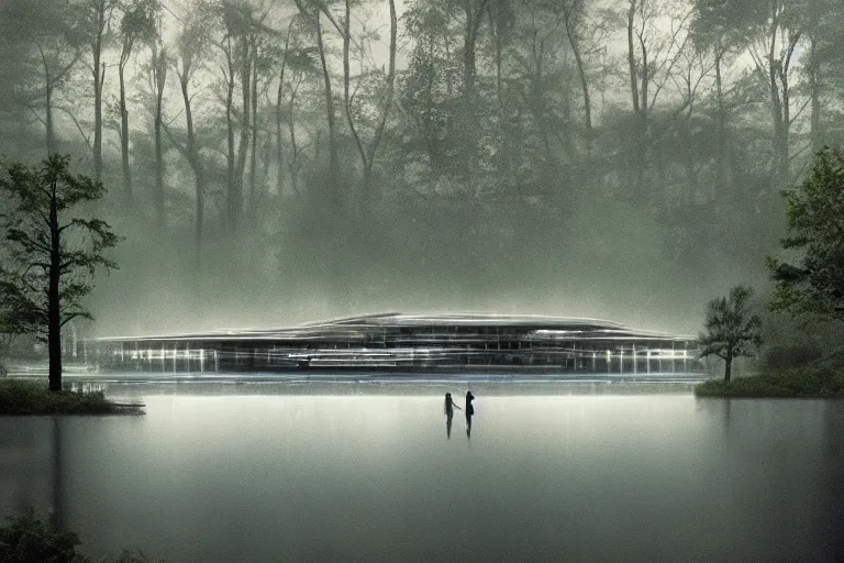 Prompt: an brutalist spaceship forming from a lake surrounded by trees, serene vast landscape, neon lights, rainy day, beautiful lighting, high depth, ultra realistic, artistic, by annie leibovitz